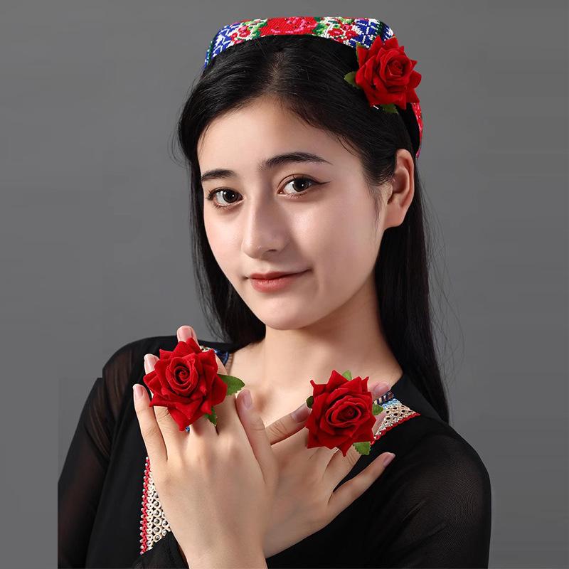 Ethnic Style Rose Headdress & Finger Flower Ring for Dance Performance and Art Exam Hair Clips