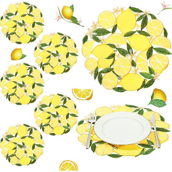 6 Pcs Spring Summer Embroidered Lemon Placemats 14 Lemon Floral Cutwork Round Placemats Doilies Washable Placemats for Home Dinning Kitchen Wedding