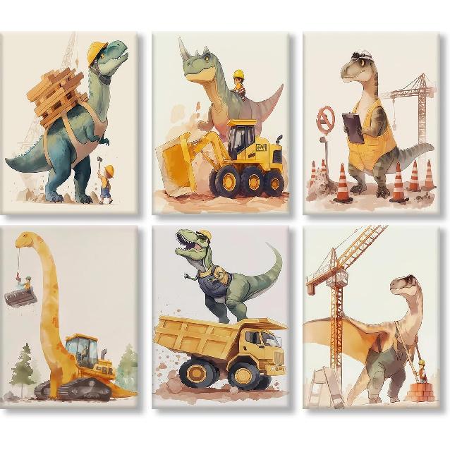 Cute Dinosaur Nursery Canvas Wall Art Construction Trucks and T-Rex Painting Picture Kids Boys Room Wall Decor Funny Dino Vehicles Poster Prints 10L x8W