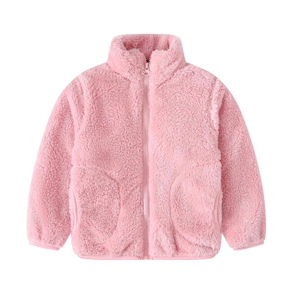 Unisex Children's Warm Fleece Jacket with Pockets - Korean Style, Stand Collar, Long Sleeve