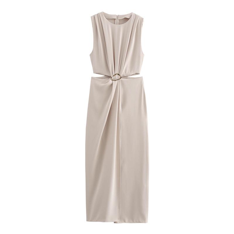 

Women s Sleeveless Hollow Out Dresses with Metal Ring Detail - Olive/Beige/Black Mid-Length Flowy Dress L хакі