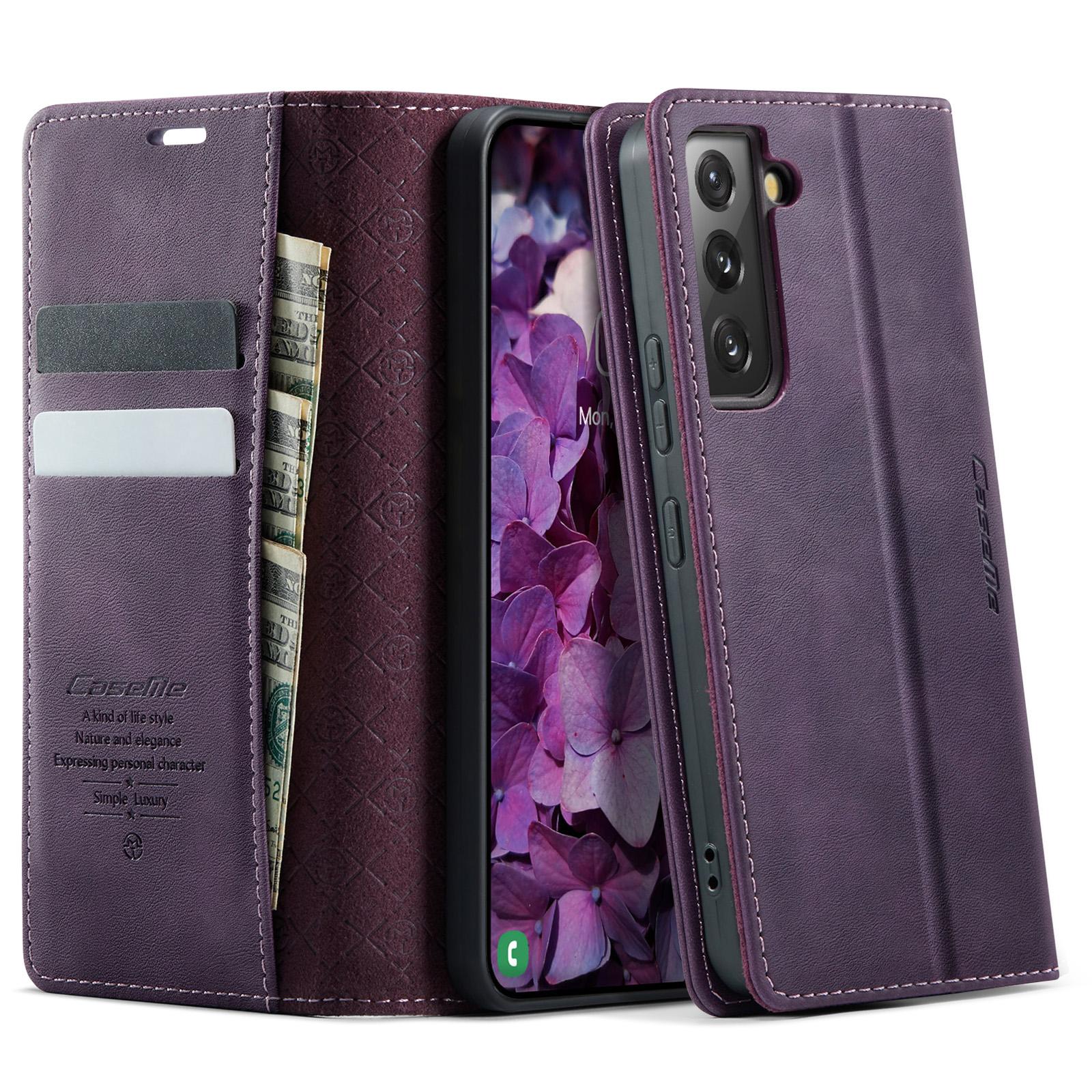 

For Samsung Galaxy S22 5G Case CASEME 033 Series RFID Blocking Wallet Stand Calf Texture Leather Phone Cover Purple