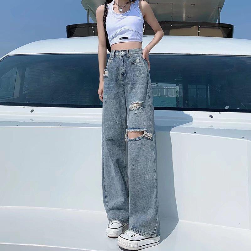 Ripped jeans women's autumn and winter new high-waisted thin straight drape small wide-leg pants tide