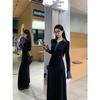 2026 Women's Black Patchwork Polo Collar Knit Dress, Autumn/Winter Long Sleeve, Waist-Cinching Retro Long Skirt.
