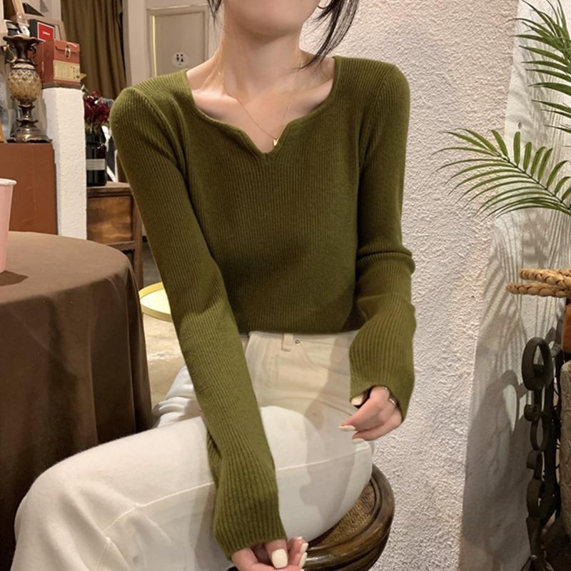 Fashion Square Collar Inner Knitted Pullover Bottoming Sweater Autumn Winter Slim Fit Office Loose Tops Knitwear V Neck Solid Basic Sweet Clothing