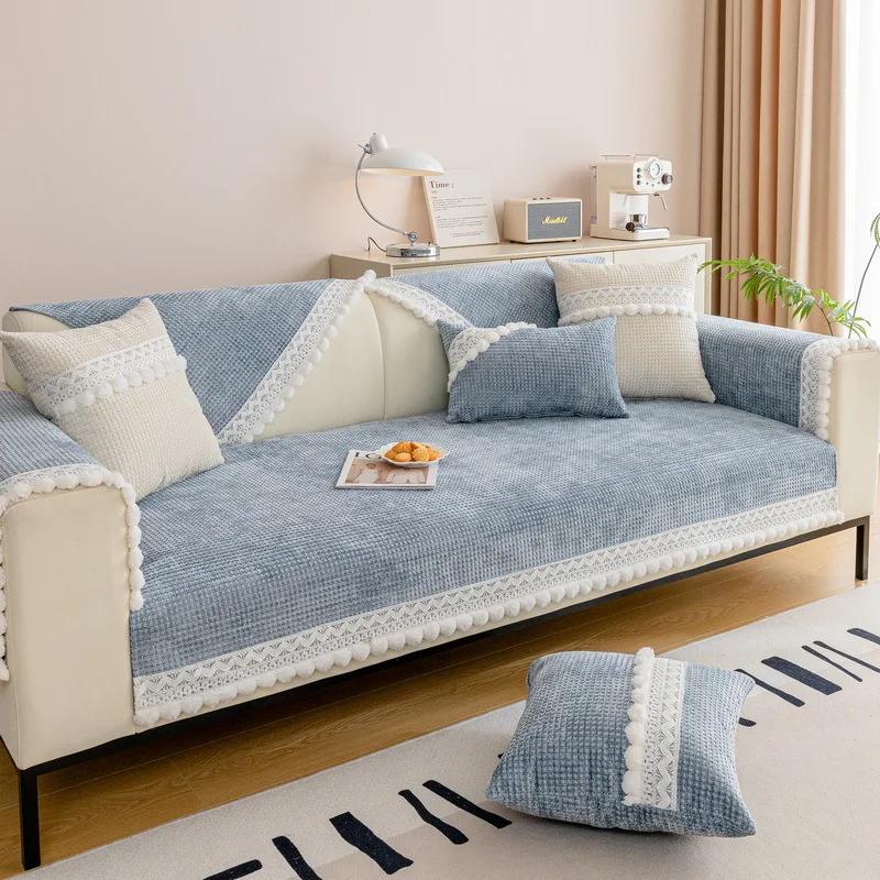 Pernă de canapea din chenille Anti-alunecare Pernă de canapea în formă de L, rezistentă la uzură, cu husă de canapea cu margine de bilă de blană Față de pernă Husă de canapea Waffle