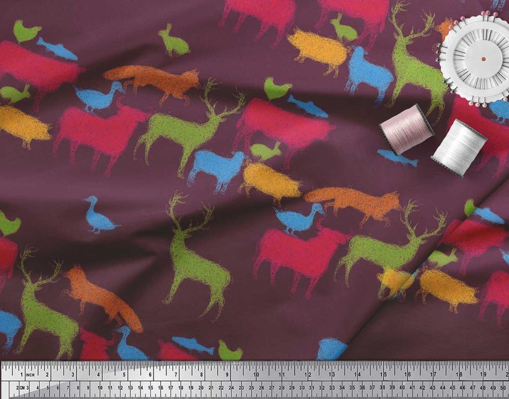 Soimoi Japan Crepe Satin Fabric Birds & Animals Hand Drawn Print Fabric by Metre 42 Inch