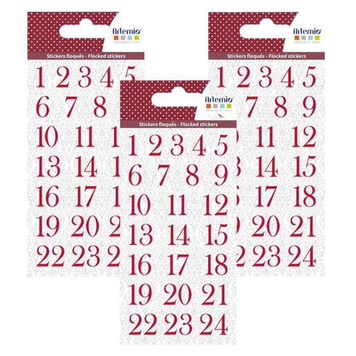 3 planches d'autocollants chiffres floqués rouges pour Calendrier de l'Avent