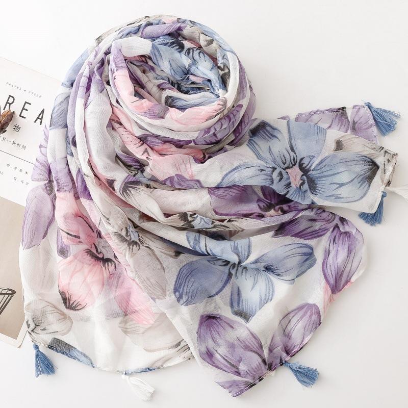 Bohemischer blauer Schal mit Bananenblatt-Print, leichtes Polyester, Sonnenschutz-Reiseschal, nicht dehnbares dekoratives Tuch für Frühling, Sommer, Outdoor-Aktivitäten