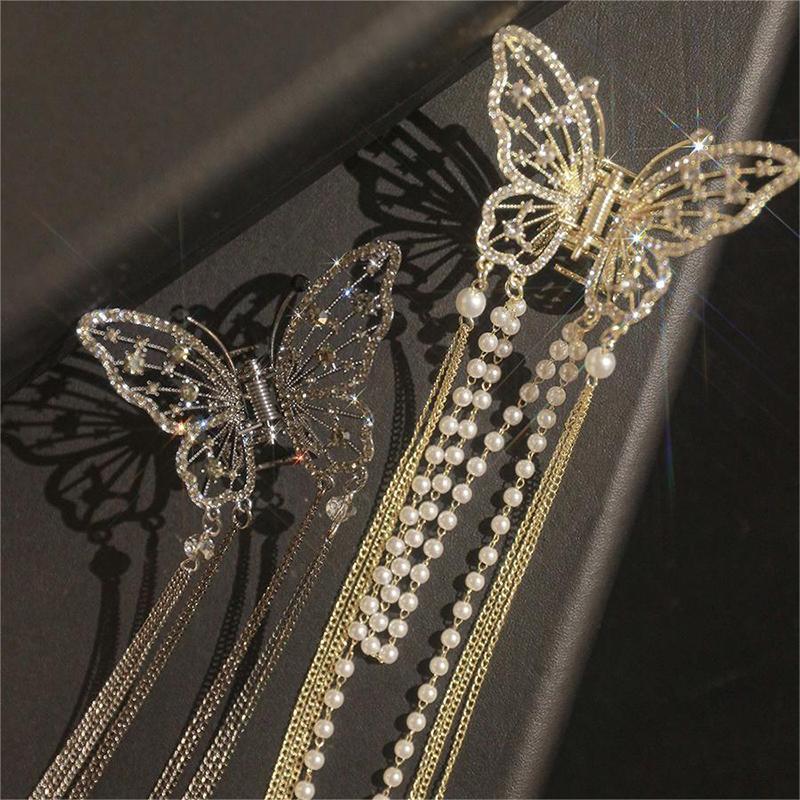 New Crystal Rhinestone Butterfly Pearl Tassel Hairpin Korean Simple Hollow Out Pearl Rhinestone Hair Clip Side Clip Shark Clip