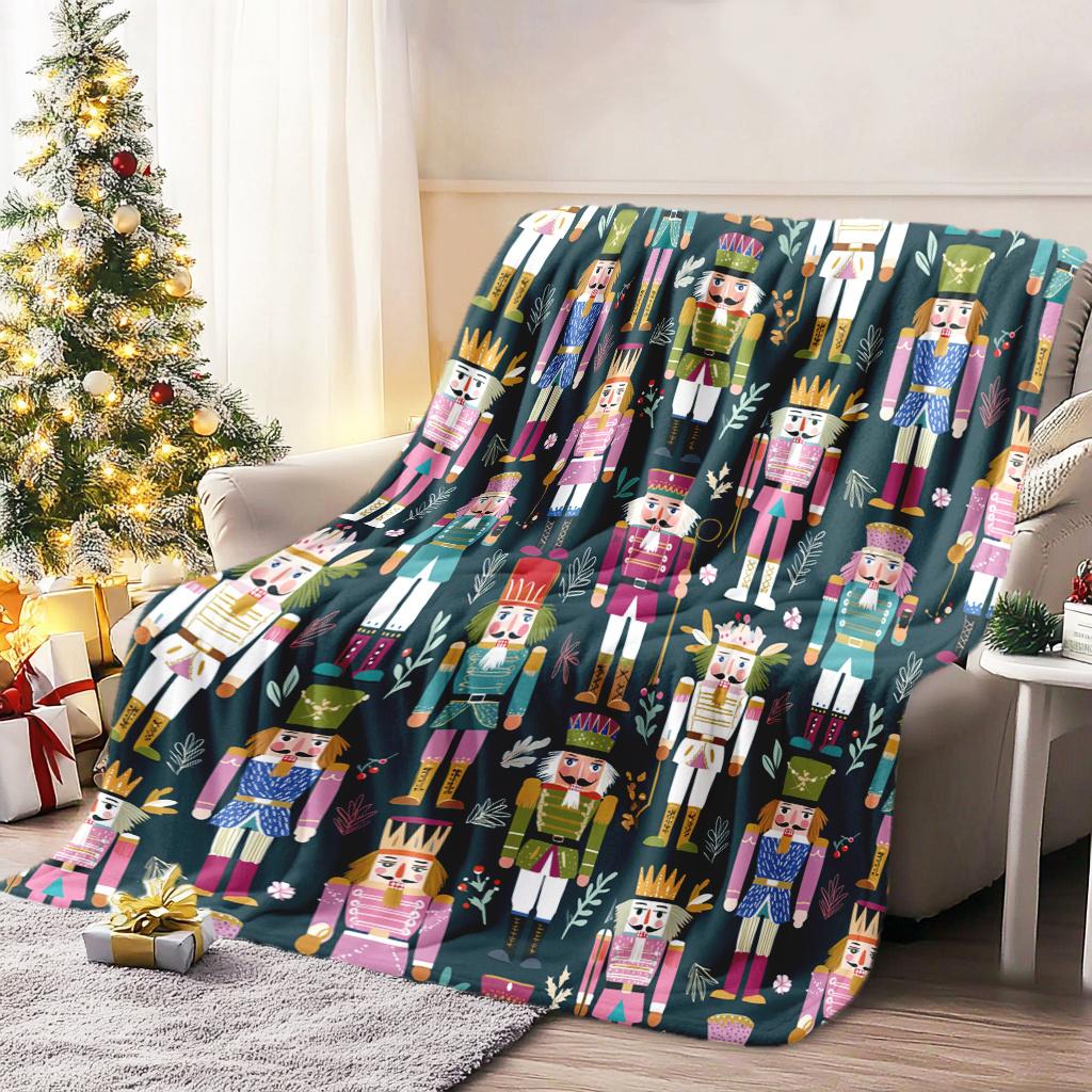 [Cozy Nutcracker Blanket] Soft Nutcracker Christmas Flannel - 1pc All-Season Throw with Clara Soldiers, Pink Golden Decor