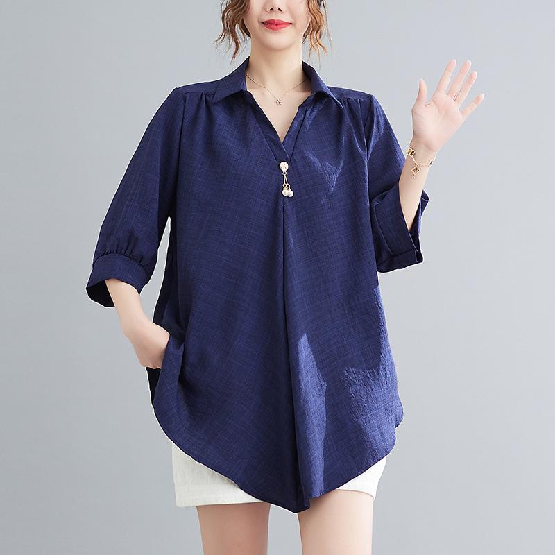 2026 Stylish Cotton Linen V-Neck Casual Plus Size Shirt with Belly Coverage and Wide Hem