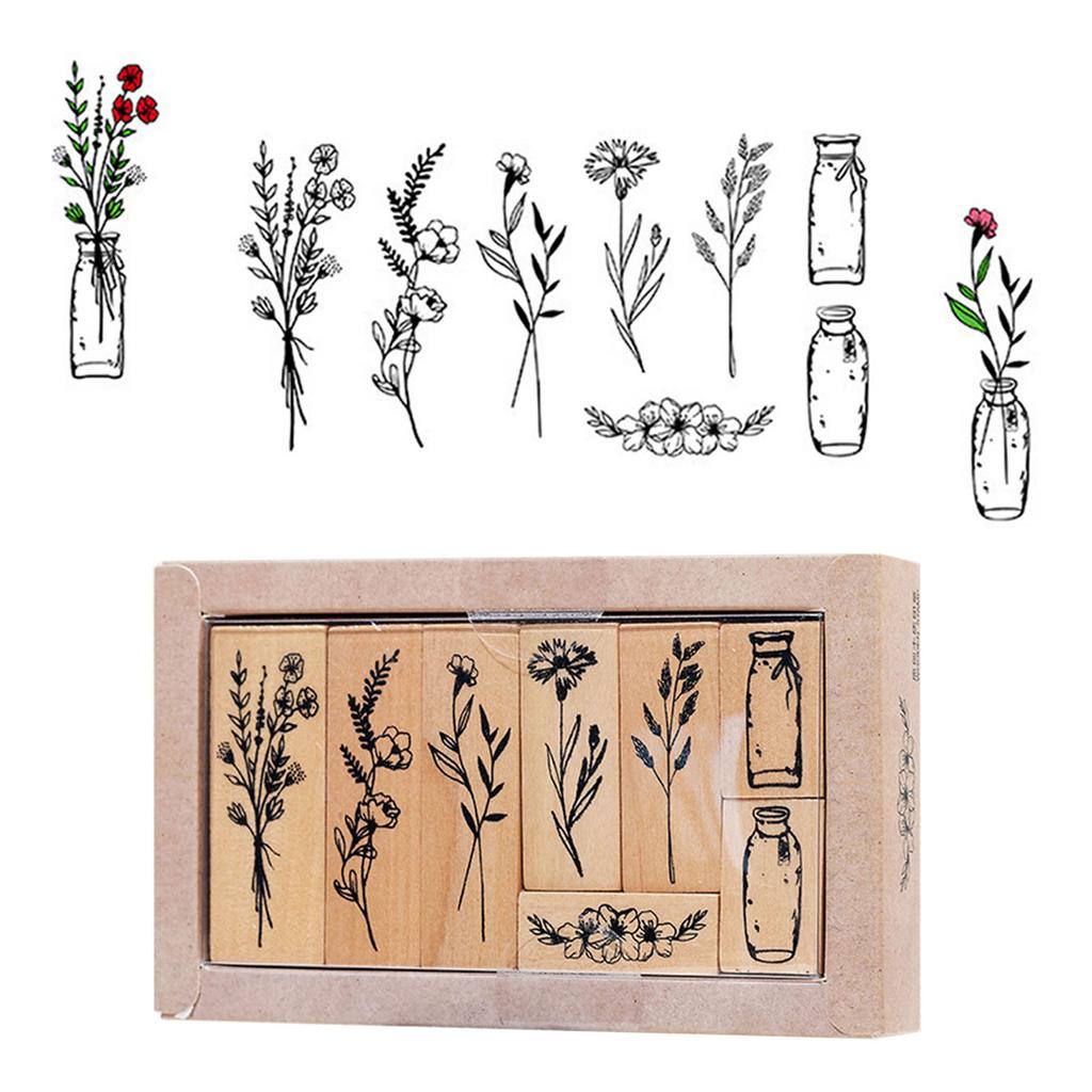 8 Pieces Vintage Decorative Wooden Rubber Stamp Plant Wooden Rubber Stamps for Scrapbooking Dairy Gift Wrap Card Making