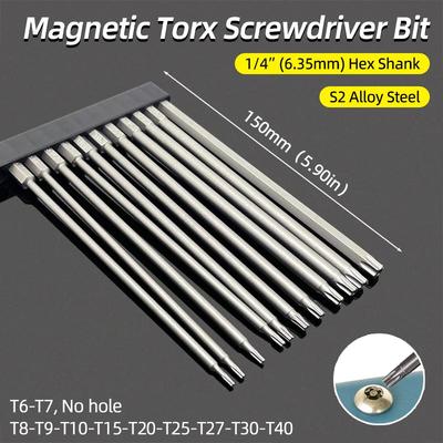 Magnetic Torx Screwdriver Bit 150mm T6-T40 1/4" Hex Shank Hollow Plum Blossom Hole Security Bits S2 Steel Electric Hand Tools