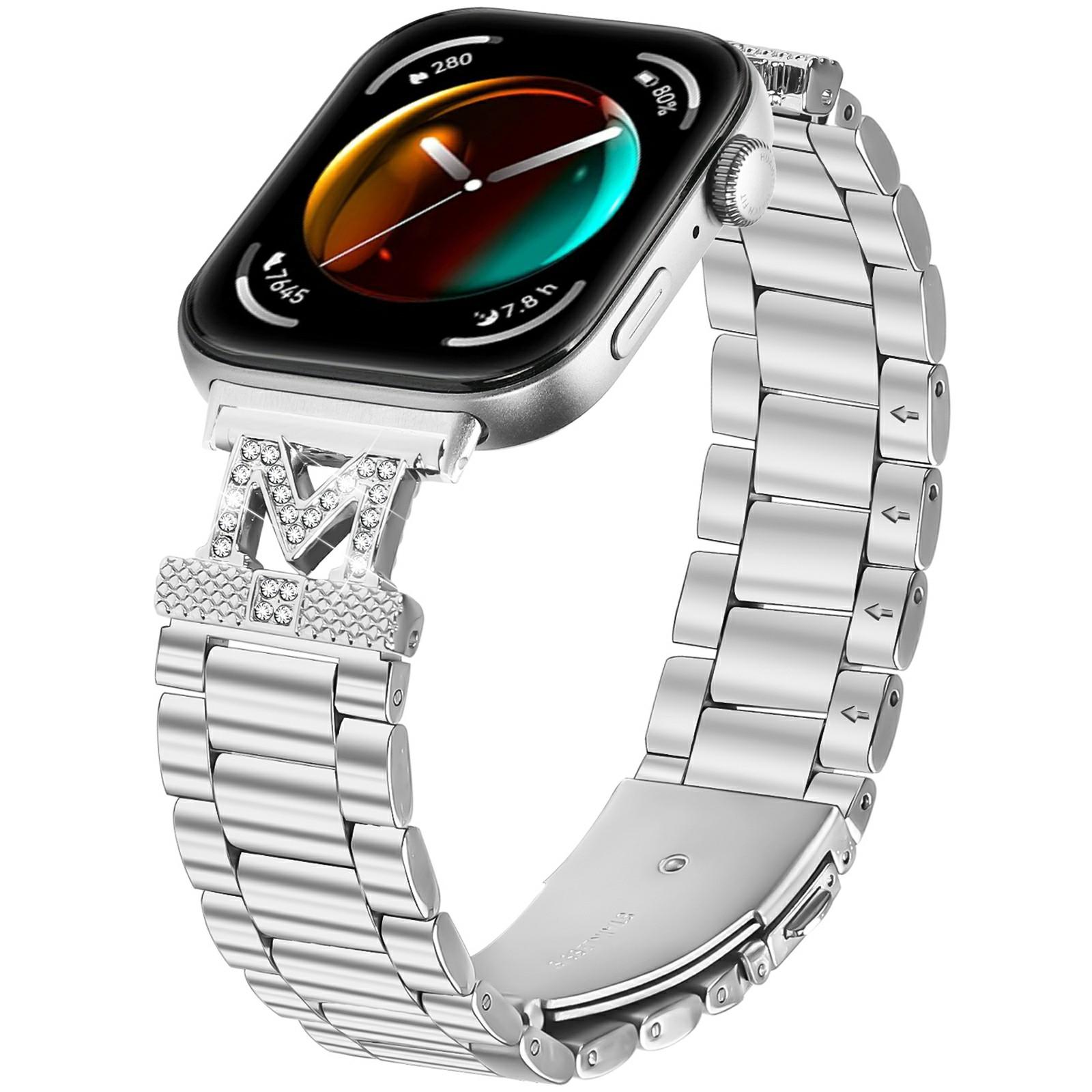 

For Huawei Watch Fit 3 Watch Strap Rhinestones Decor Silver Stainless Steel 3 Beads Watch Band As shown A