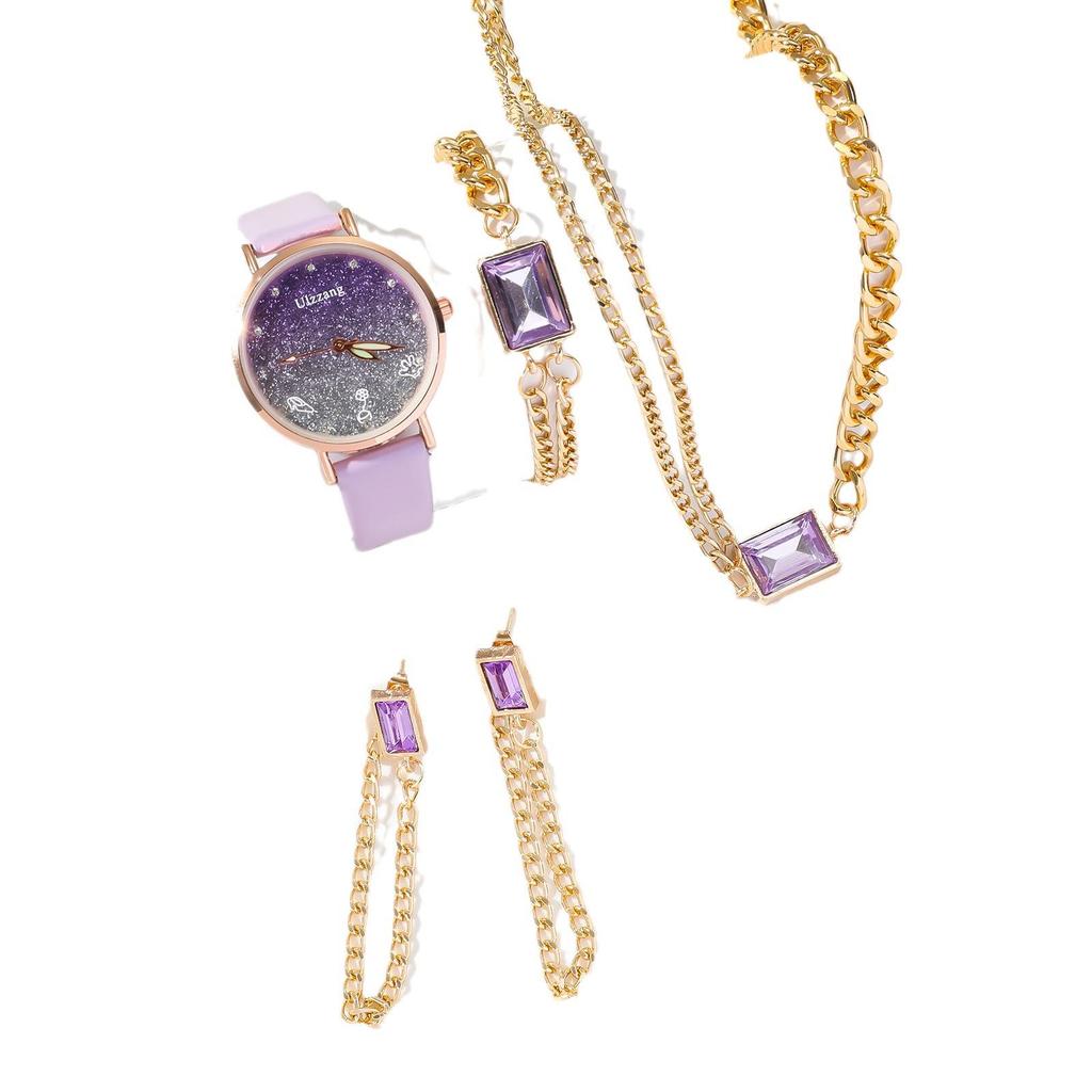 Purple Gradient Quicksand Quartz Watch & Jewelry Set for Women