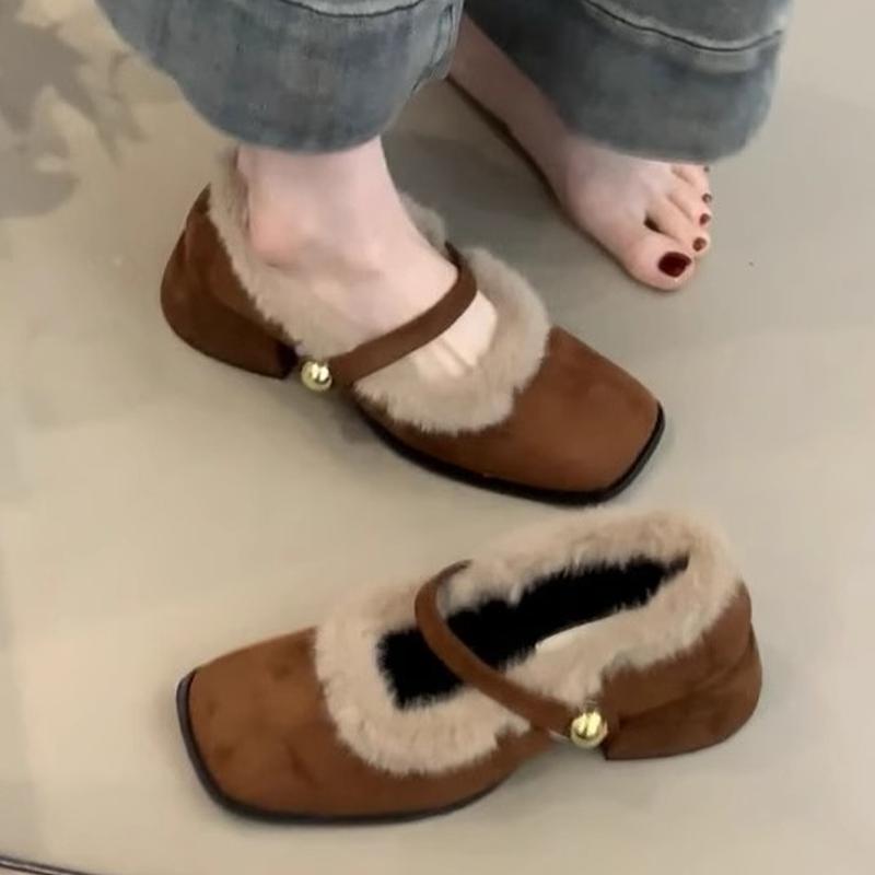 Sapatos Mary Janes Peludos Femininos Salto Alto Bico Quadrado Botas de Neve de Pelúcia Sapatos de Algodão Quentes de Inverno Elegantes Scarpins Mujer