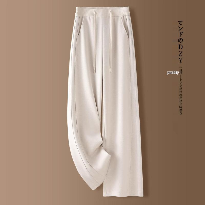 Pantaloni largi de cașmir gri pentru femei, căptușiți cu fleece, amestec de lână, lungi până la podea, toamnă și iarnă 2024.