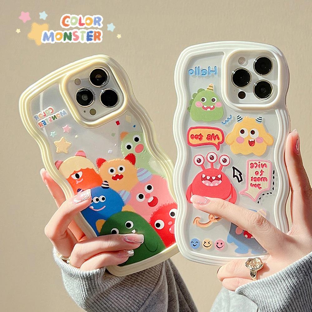 Cute Cartoon Monsters Suitable for IPhone 16 Mobile Phone Case 14Promax Apple 12 Couple 13 Wavy Side Xr