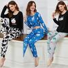 Damen Langarm Langhose Cartoon Dinosaurier Print Zweiteiliges Pyjama-Set