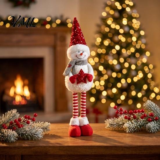 Stuffed Snowman Tabletop Decor Christmas Plush with Extendable Legs, Sequins Hat Holding Star Winter Home Doll, Standing Long Legs Xmas Decoration