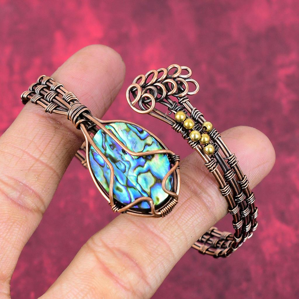 Abalone shell bangle copper wire wrapped cuff bracelet adjustable bangle handmade jewelry gemstone cuff bracelet gifts for mom unique bangle