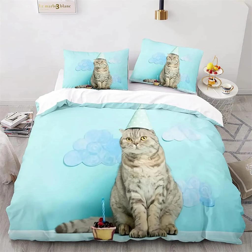 Orange Cat Duvet Cover Set King Queen Size Cute Animals Pattern Polyester Comforter Cover Quilt Cover For Kids Teens Bedding Set