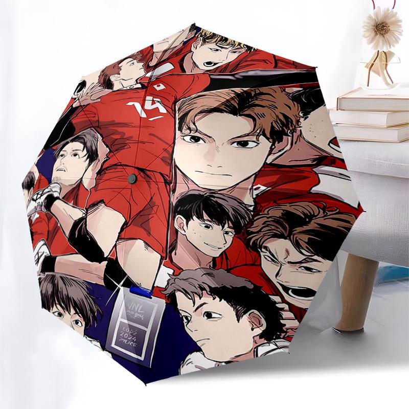 1pc Outdoor Umbrella with Haikyuu! Characters - Automatic Opening/Closing, Portable Tri-Fold Design, 8-Rib Iron Frame - Perfect Gift for Fans, Tr