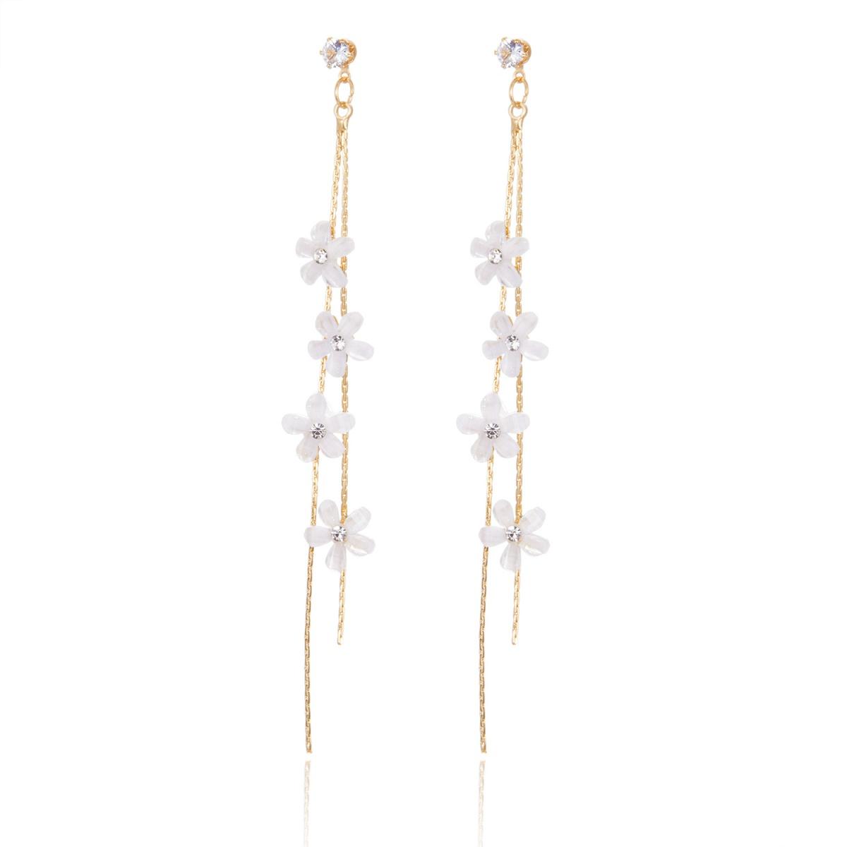 

Elegant White Resin Daisy Flower Chain Tassel Drop Earrings For Women Men Temperament Rhinestone Floral Earring Wedding Jewelry