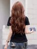 Women's Summer V-Neck Pleated Waist T-Shirt - Cotton, Short Sleeve, Elegant Korean Style