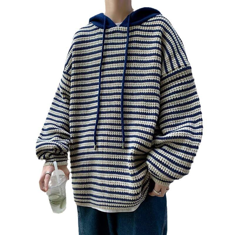 Unisex Striped Hooded Cardigan: Retro Streetwear, Autumn/Winter Cozy Casual Loose Knit for Teens
