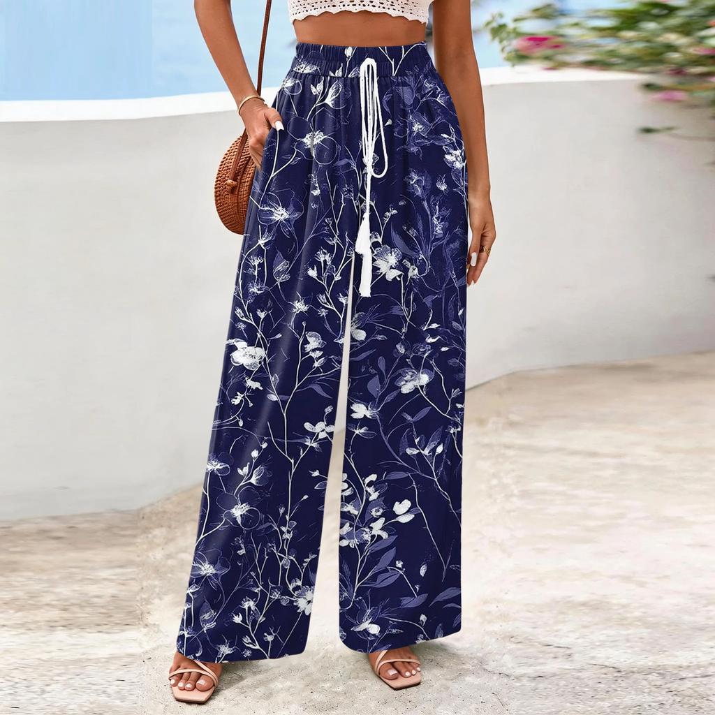 Calças Femininas Casuais de Perna Larga com Estampa Floral Fluida