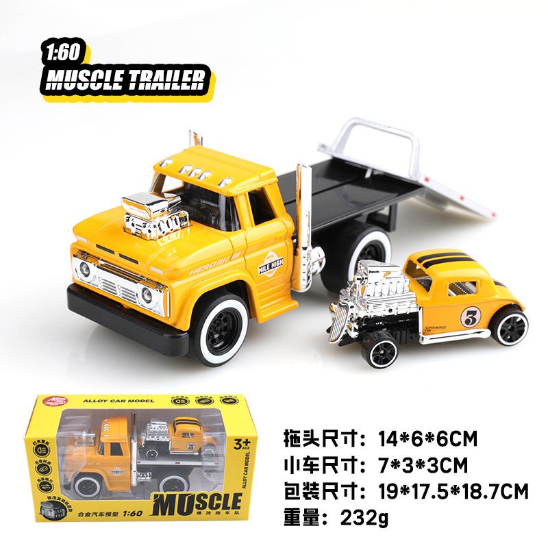 1:60 American MUSCLE TRAILER Alloy Diecast Car Model Toys Sound Light Pull Back Metal Body Rubber Tires Trailer Toys Kids Gifts