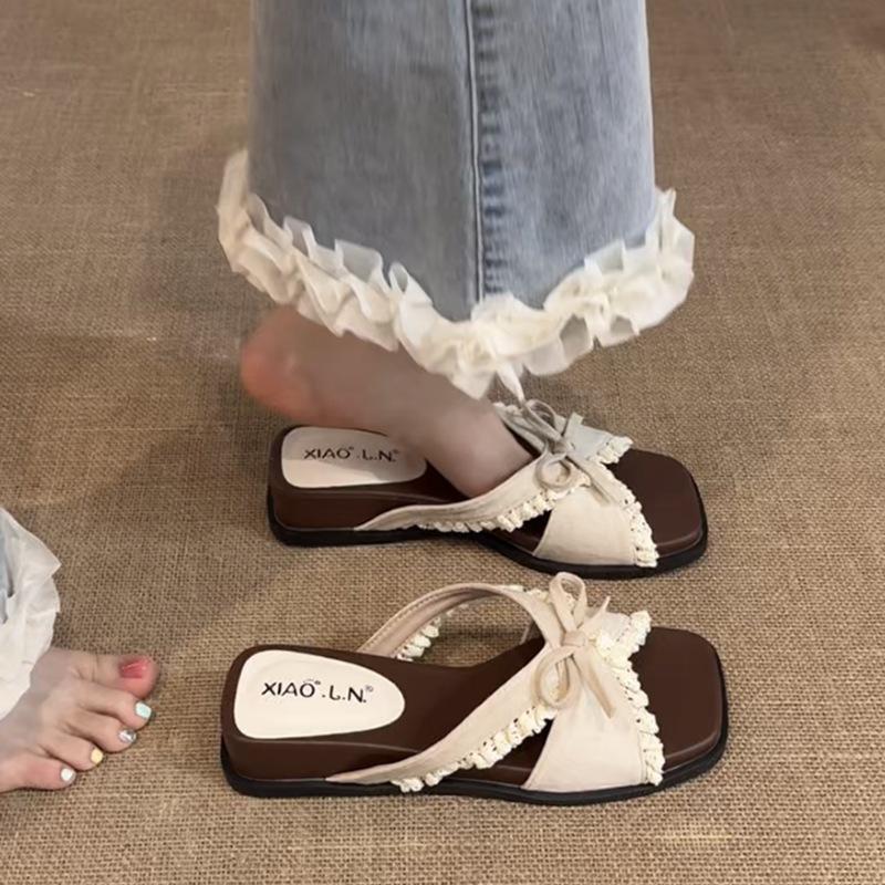 One Pedal Sweet Wind Lace Cross Buckle Bow Slope Heel One-word Drag Women's Summer Non-slip Thick-bottomed Sandals