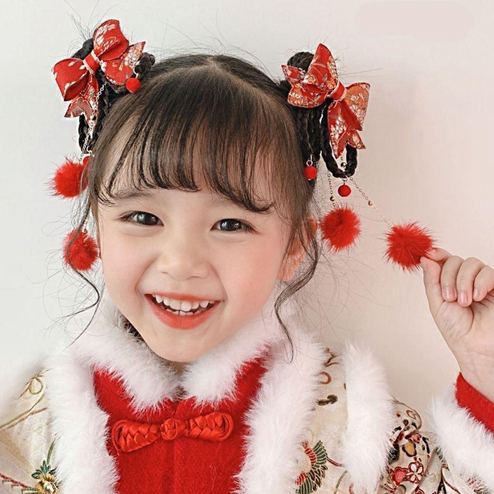 Tassels Chinese New Year Headwear Red Ancient Style Hairpin Cute Children Bow Wig Hairpin Children