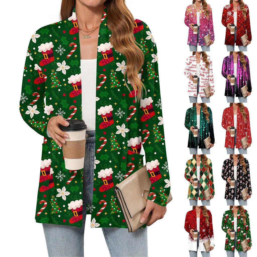 Women's Christmas Printed Lightweight Cardigan Long Sleeved Casual Loose Thin Fit With Pockets Cardigan Jacket