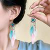 1 Pair Ethnic Colorful Natural Feather Earrings For Women Retro Long Rhinestone Crystal Leaf Dangle Earrings Boho Vacation Jewel