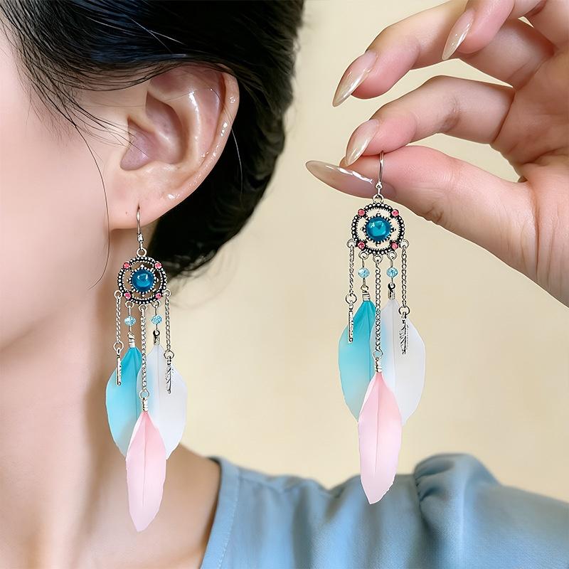 1 Pair Ethnic Colorful Natural Feather Earrings For Women Retro Long Rhinestone Crystal Leaf Dangle Earrings Boho Vacation Jewel