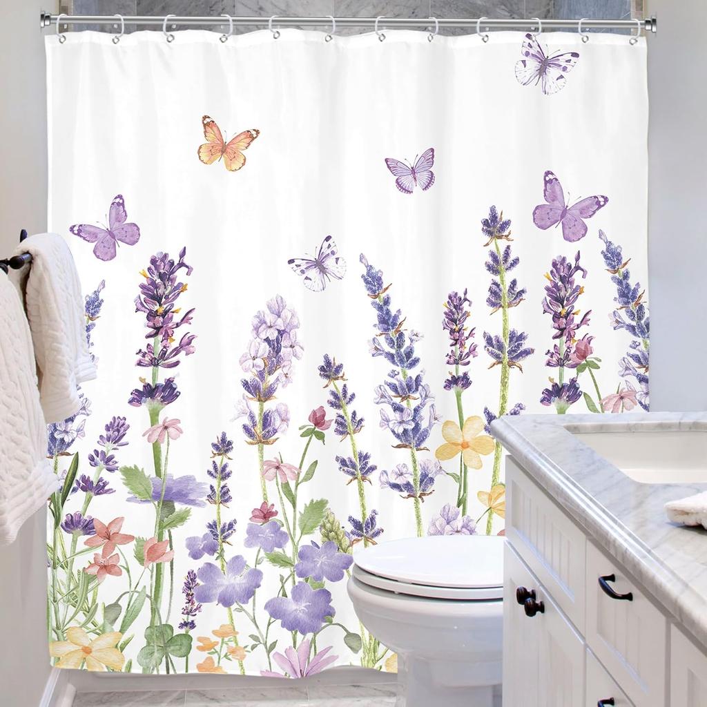 Purple Lavender Shower Curtain, Floral Wildflower Butterfly Print, Waterproof Polyester Bathroom Decor
