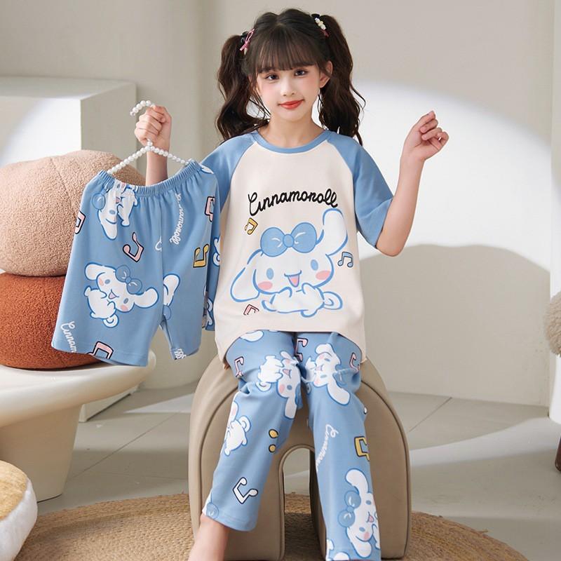 Girls Cotton Pajama Set Lightweight Short Sleeve Long Pants 3-Piece Sleepwear Kids Ages 8