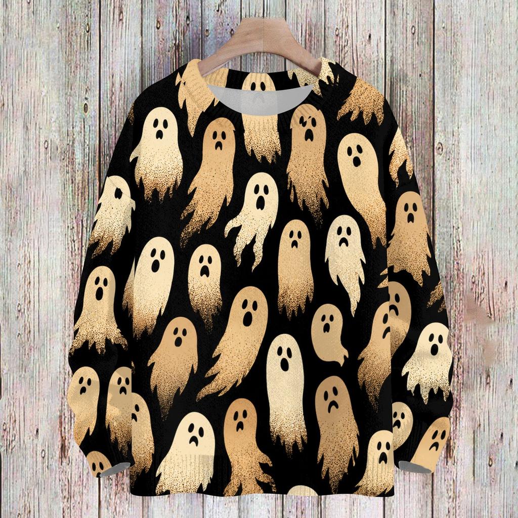 Women's Casual Long Sleeve Halloween Print Round Neck Knit Sweater Top