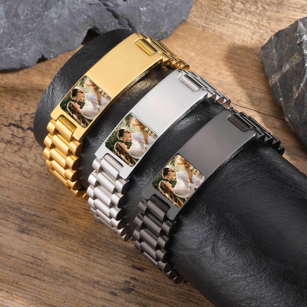 Personalized Photo Picture Bracelet, Free Customized Stainless Steel Wristband ID Bracelets For Men Engraved Bangle