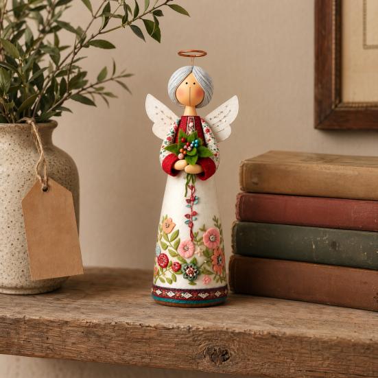 Hand-carved Decoration Vintage Floral Figurine Ornament, Hand Carved Flower Angel Statue, Decorative Figure with Wings Home Table for Living