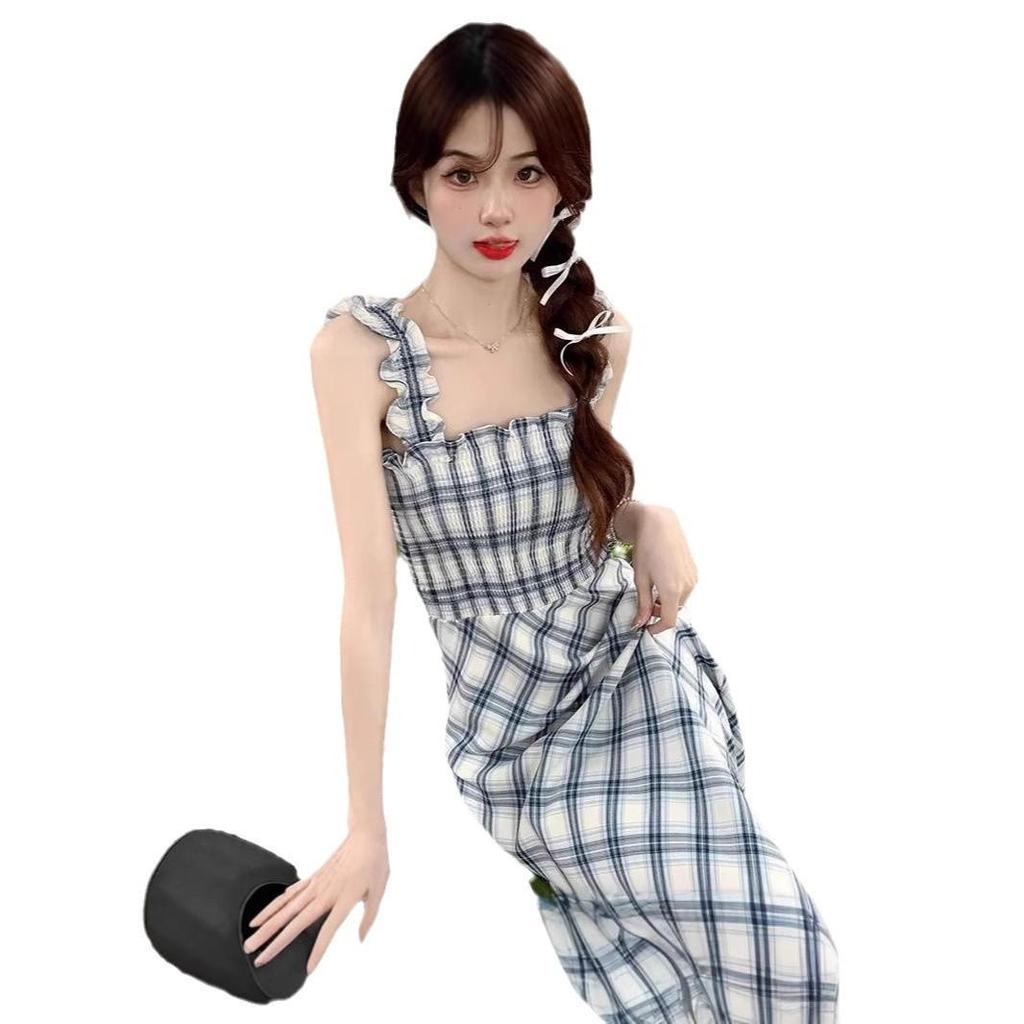 Women's Retro Plaid Sleeveless Summer Midi Dress with Slim Waist