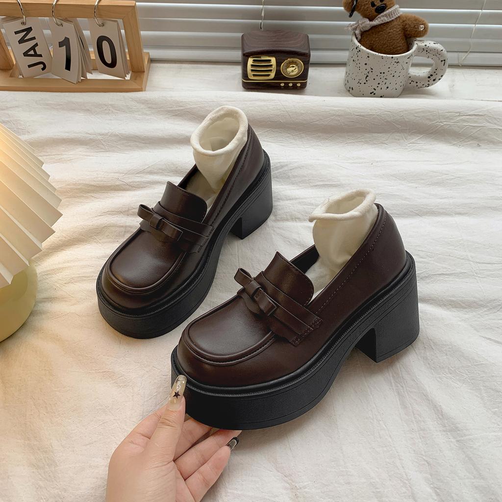 Black British style platform thick high-heeled small leather shoes women's 2025 new autumn skirt retro heightening loafers