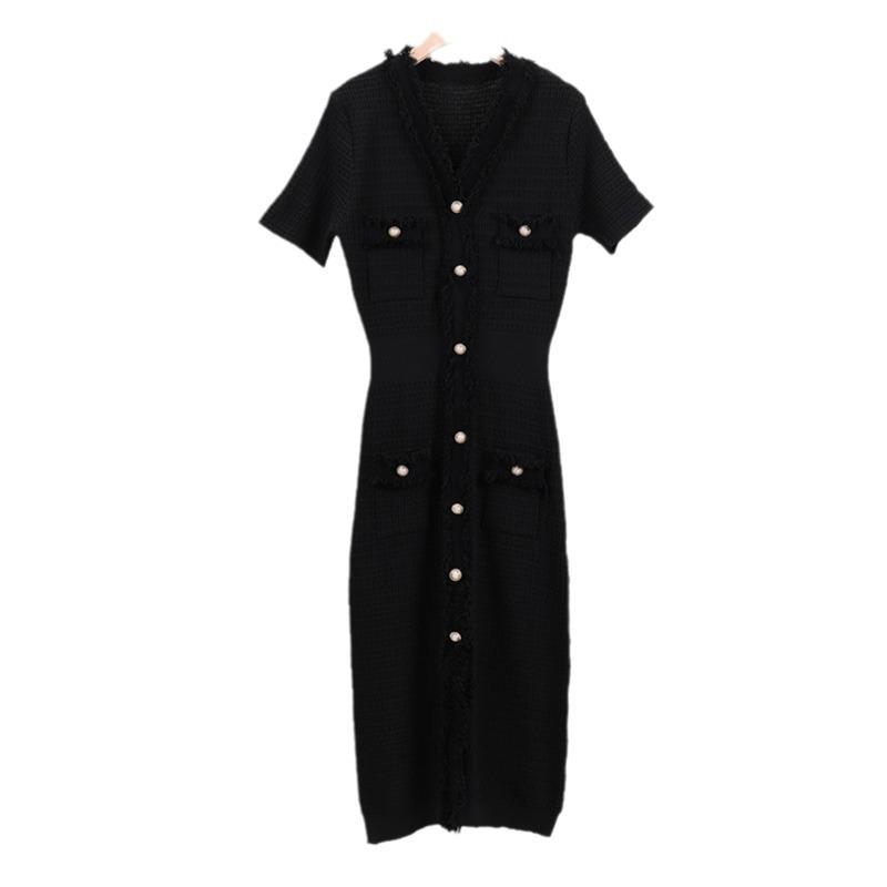 Gentle Wind Fringe Knit Short-sleeved Dress Women's Plus Size V-neck Pure Colour Temperament Mid-length Dress