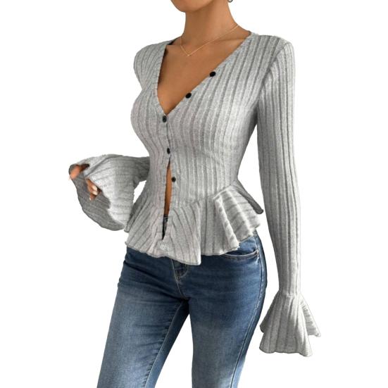 Women Tops Slim Fit V Neck Flared Long Sleeve Ruffle Detail Knitting Tops Solid Color Buttons Closure Winter Sweater