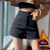 2024 Women's High-Waisted Black A-Line Wide-Leg Shorts - Autumn/Winter, Plus Velvet, Slimming Fit, Small Size