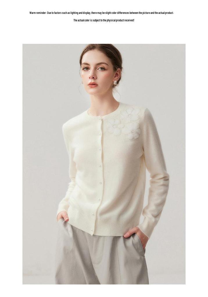 Women's Cashmere Cardigan: 3D Pearl Lace Flowers, Round Neck, Long Sleeve Knitwear for Autumn/Winter.