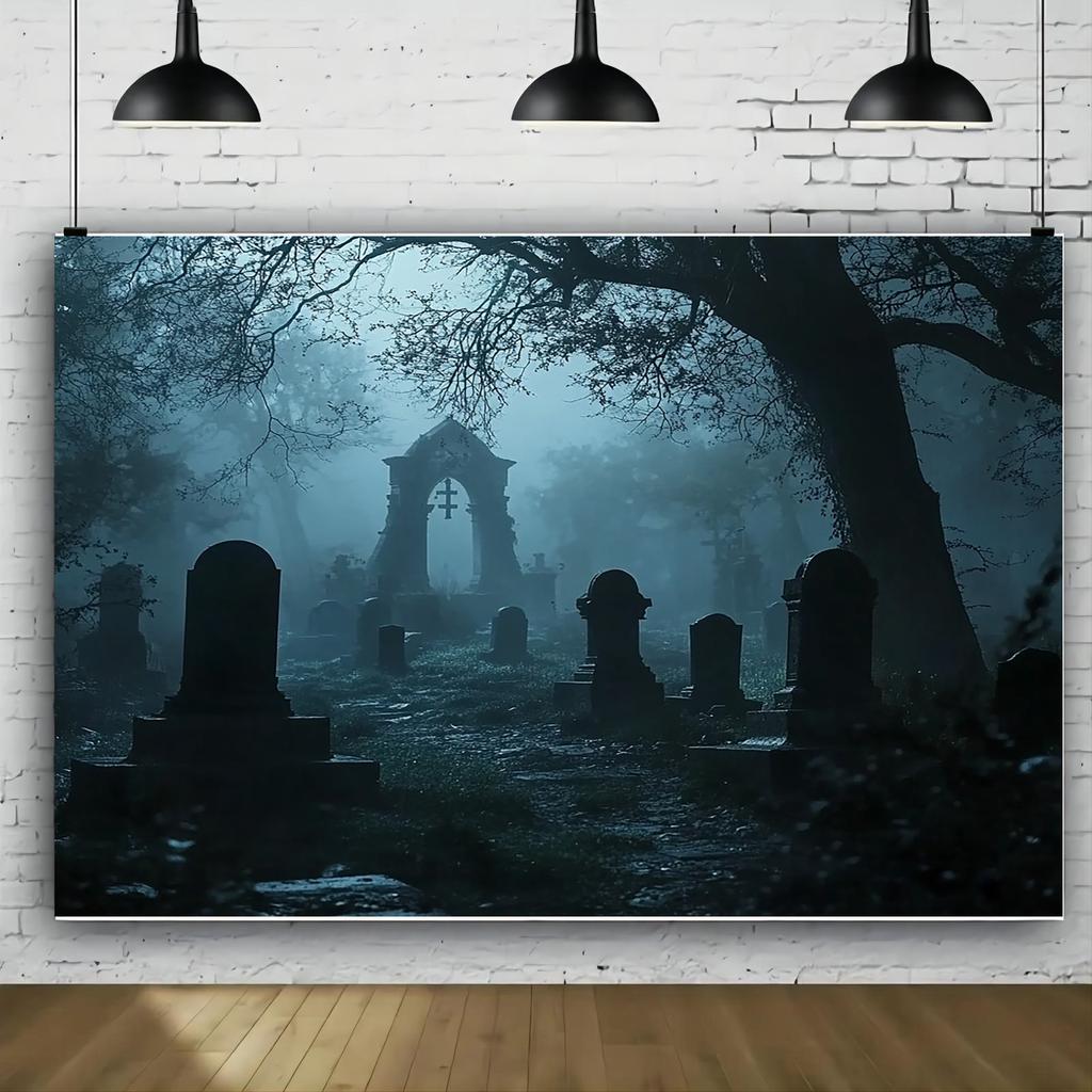 1 Set of Cemetery-themed Photo Background - a Creepy Cemetery Scene with Foggy Trees and Tombstones